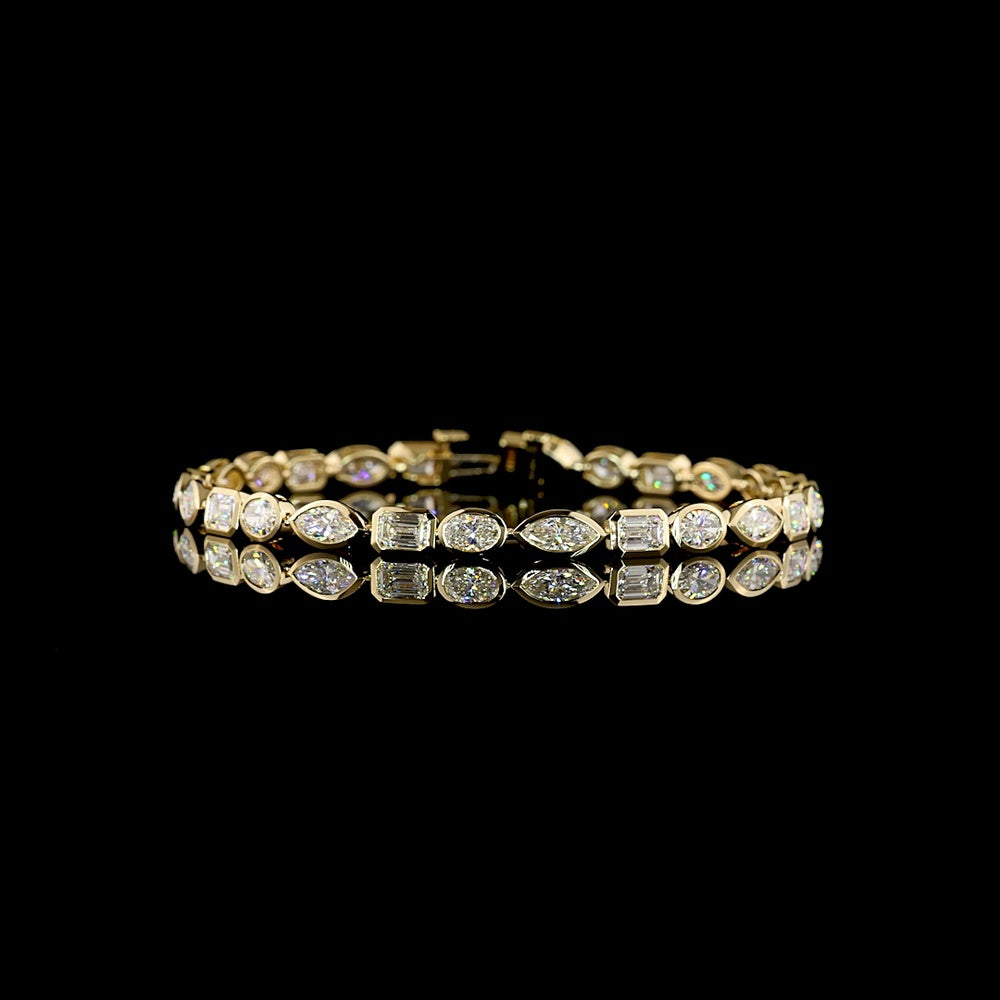 14K Yellow Gold Mixed Shape Tennis Bracelet with Bezel Set Emerald, Marquise, and Oval Lab Diamonds - 7.63 Carat Total Weight - Covaloro Fine Jewelry