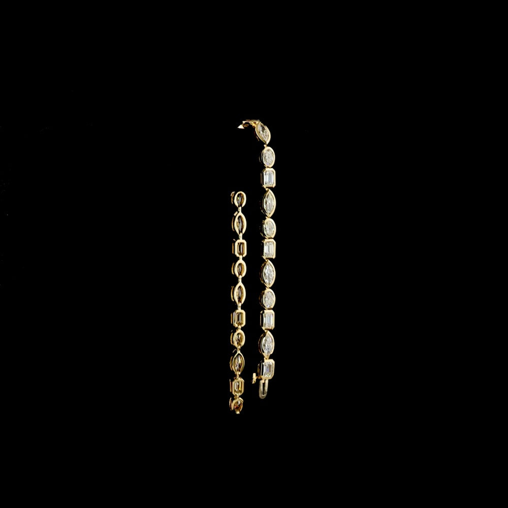 14K Yellow Gold Mixed Shape Tennis Bracelet with Bezel Set Emerald, Marquise, and Oval Lab Diamonds - 7.63 Carat Total Weight - Covaloro Fine Jewelry