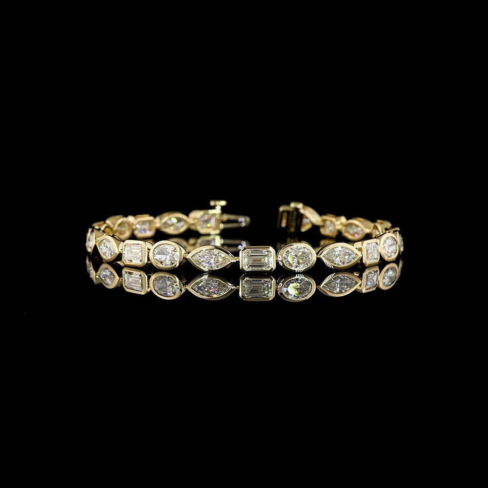 14K Yellow Gold Mixed Shape Tennis Bracelet with Bezel Set Emerald, Marquise, and Oval Lab Diamonds - 9.98 Carats Total Diamond Weight - Covaloro Fine Jewelry