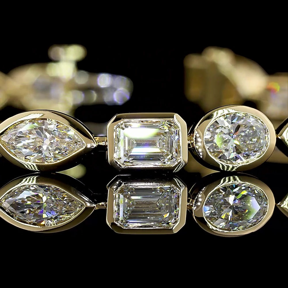 14K Yellow Gold Mixed Shape Tennis Bracelet with Bezel Set Emerald, Marquise, and Oval Lab Diamonds - 9.98 Carats Total Diamond Weight - Covaloro Fine Jewelry