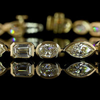 14K Yellow Gold Mixed Shape Tennis Bracelet with Bezel Set Emerald, Marquise & Oval Lab Grown Diamonds - 7.56 Carats Total Diamond Weight - Covaloro Fine Jewelry