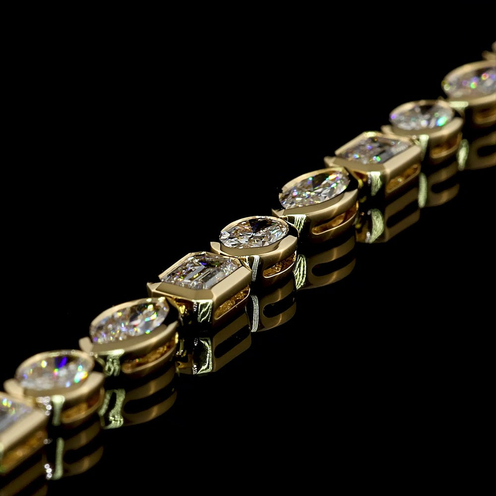 14K Yellow Gold Mixed Shape Tennis Bracelet with Bezel Set Emerald, Marquise & Oval Lab Grown Diamonds - 7.56 Carats Total Diamond Weight - Covaloro Fine Jewelry