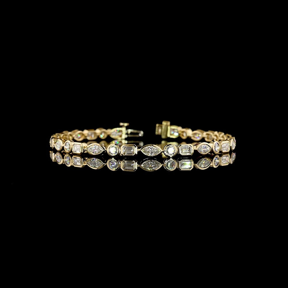 14K Yellow Gold Mixed Shape Tennis Bracelet with Bezel Set Lab Diamonds - Emerald, Marquise, and Round Cuts - 5.78 Carat Total Diamond Weight - Covaloro Fine Jewelry