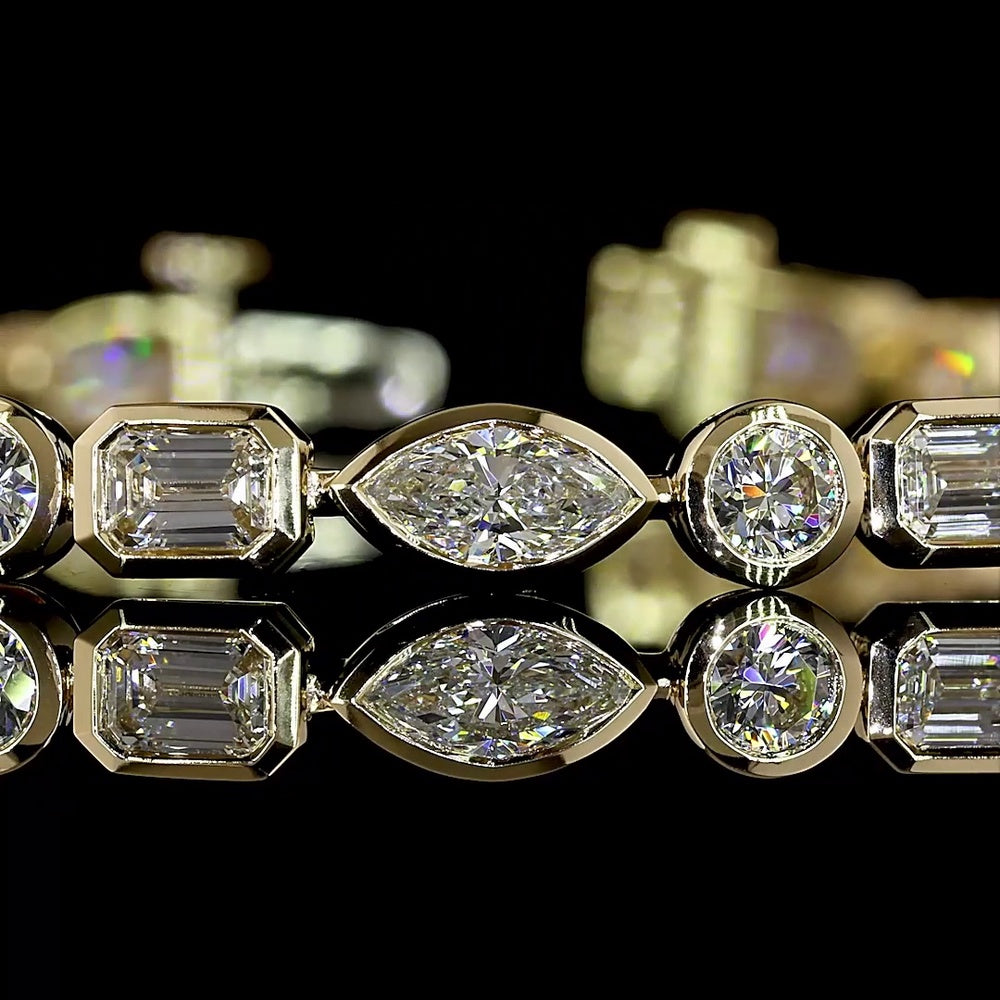 14K Yellow Gold Mixed Shape Tennis Bracelet with Bezel Set Lab Diamonds - Emerald, Marquise, and Round Cuts - 5.78 Carat Total Diamond Weight - Covaloro Fine Jewelry