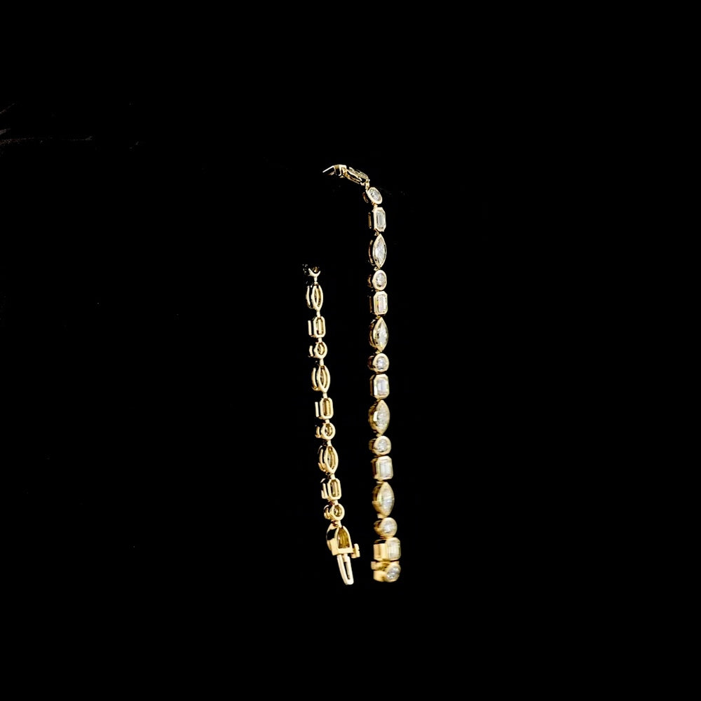 14K Yellow Gold Mixed Shape Tennis Bracelet with Bezel Set Lab Diamonds - Emerald, Marquise, and Round Cuts - 5.78 Carat Total Diamond Weight - Covaloro Fine Jewelry
