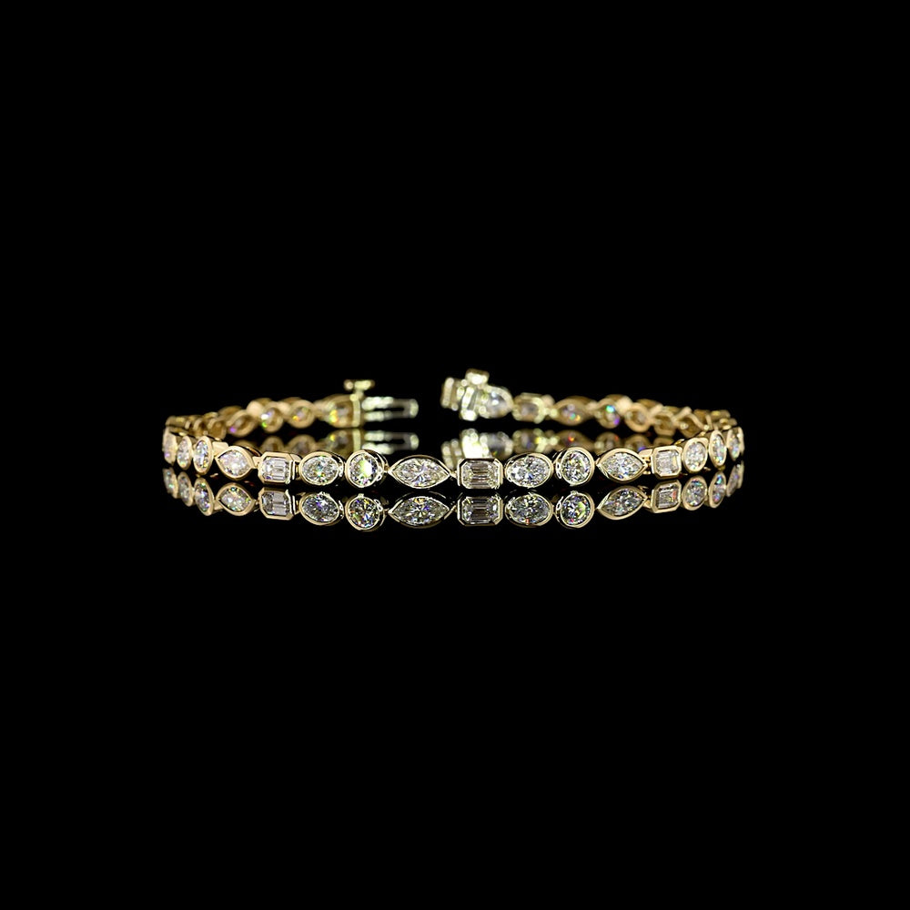 14K Yellow Gold Mixed Shape Tennis Bracelet with Bezel Set Lab Diamonds Featuring Emerald Cut, Round Brilliant, Marquise, and Oval Stones - 4.68 Carat Total Weight - Covaloro Fine Jewelry