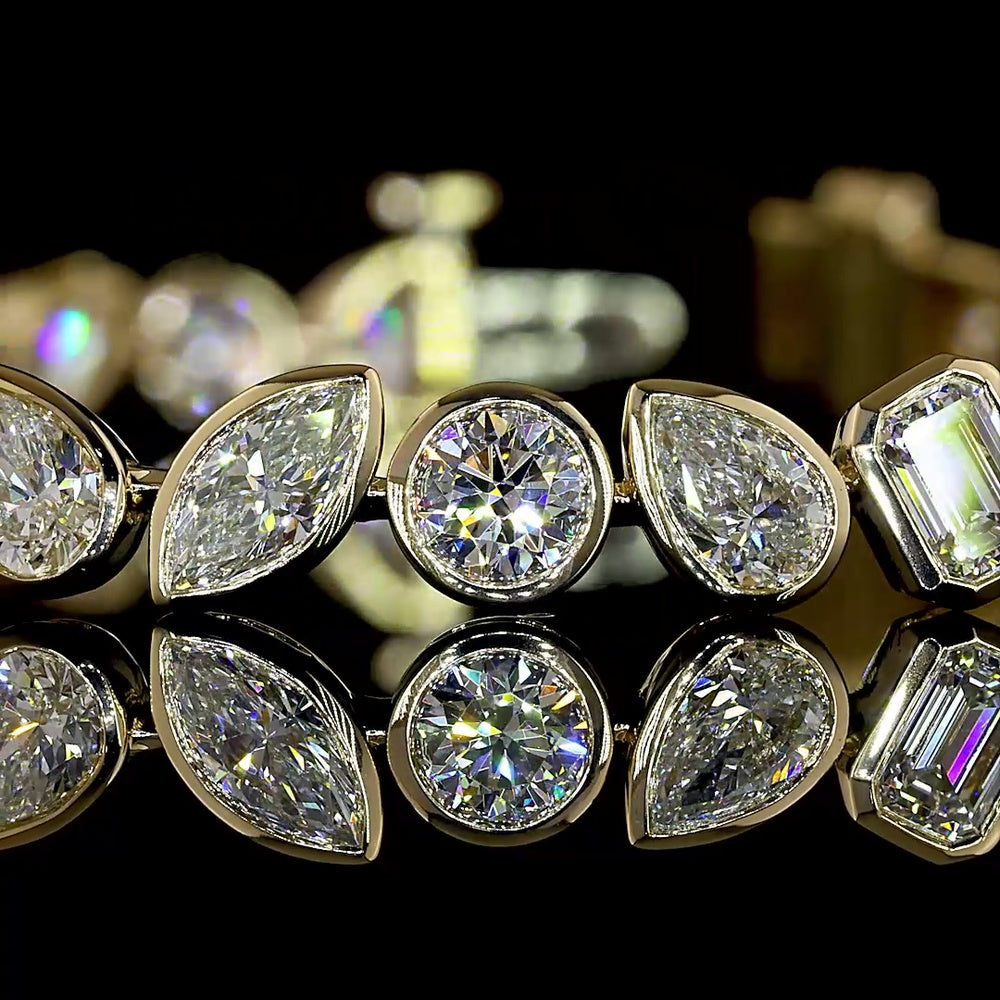 14K Yellow Gold Mixed Shape Tennis Bracelet with Bezel Set Lab Diamonds featuring Emerald, Pear, Marquise, and Round Cuts - 8.13 Carat Total Diamond Weight - Covaloro Fine Jewelry