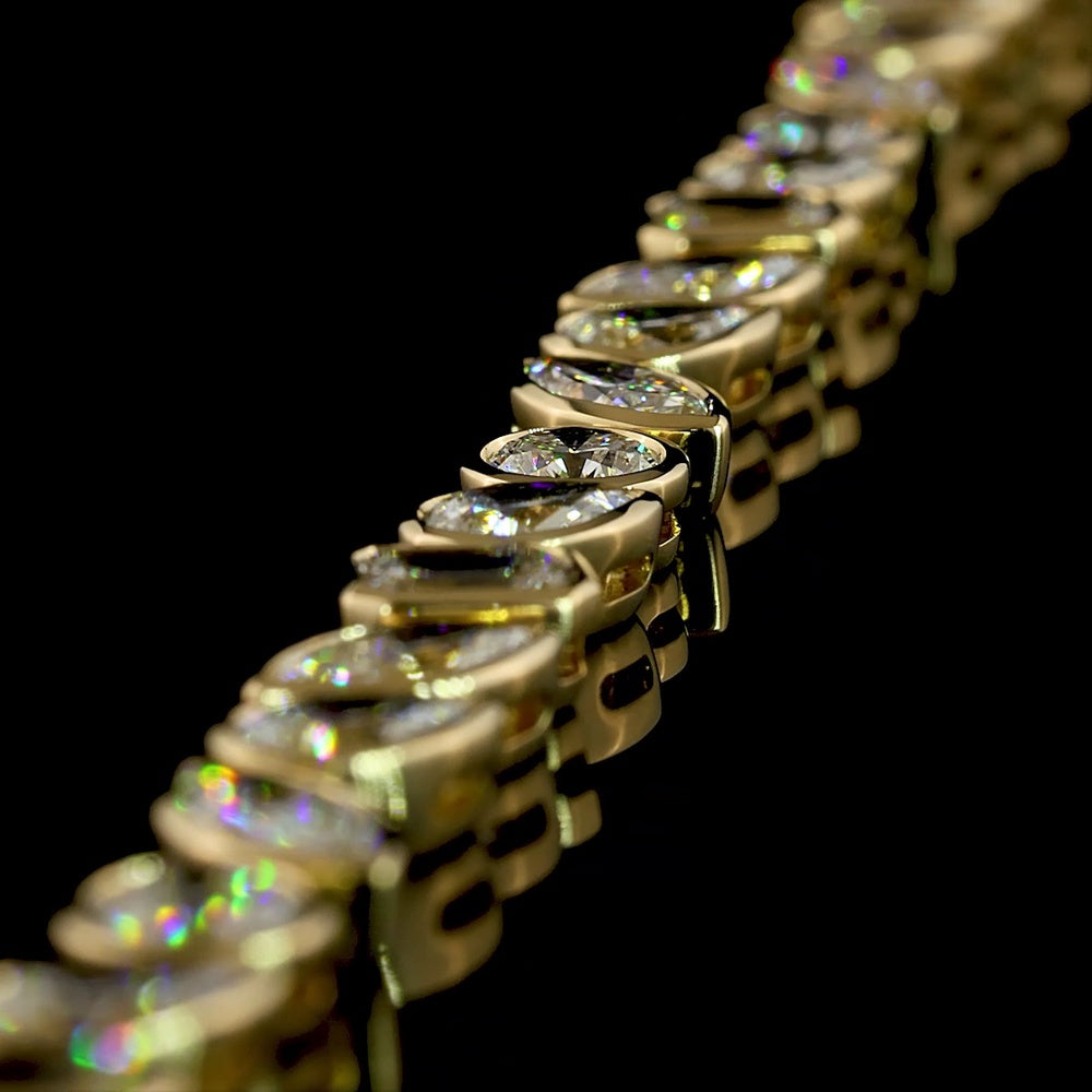 14K Yellow Gold Mixed Shape Tennis Bracelet with Bezel Set Lab Diamonds featuring Emerald, Pear, Marquise, and Round Cuts - 8.13 Carat Total Diamond Weight - Covaloro Fine Jewelry