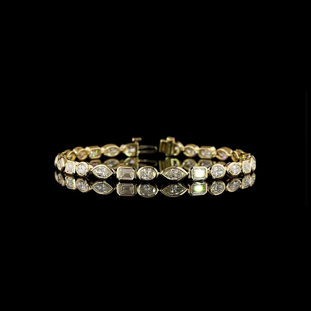 14K Yellow Gold Mixed Shape Tennis Bracelet with Bezel Set Marquise, Emerald, and Oval Lab Diamonds - 6.74 Carat Total Weight - Covaloro Fine Jewelry
