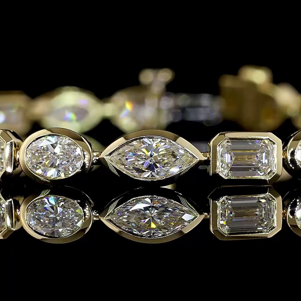 14K Yellow Gold Mixed Shape Tennis Bracelet with Bezel Set Marquise, Emerald, and Oval Lab Diamonds - 6.74 Carat Total Weight - Covaloro Fine Jewelry