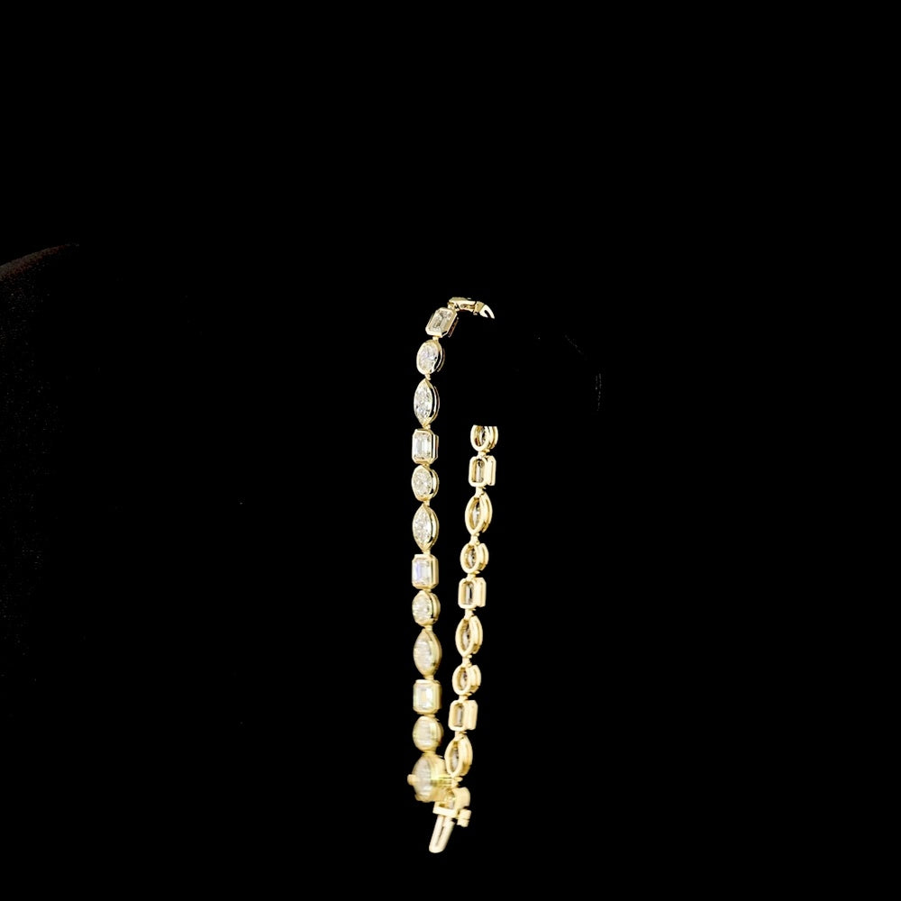 14K Yellow Gold Mixed Shape Tennis Bracelet with Bezel Set Marquise, Emerald, and Oval Lab Diamonds - 6.74 Carat Total Weight - Covaloro Fine Jewelry