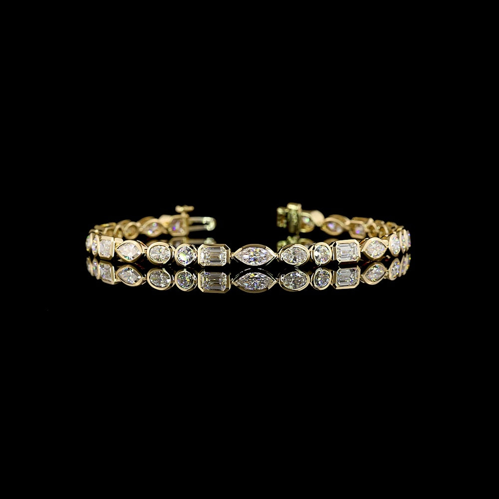 14K Yellow Gold Mixed Shape Tennis Bracelet with Bezel Set Marquise, Emerald, Round, and Oval Lab Diamonds - 6.01 Carat Total Weight - Covaloro Fine Jewelry