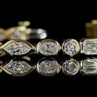 14K Yellow Gold Mixed Shape Tennis Bracelet with Bezel Set Marquise, Emerald, Round, and Oval Lab Diamonds - 6.01 Carat Total Weight - Covaloro Fine Jewelry