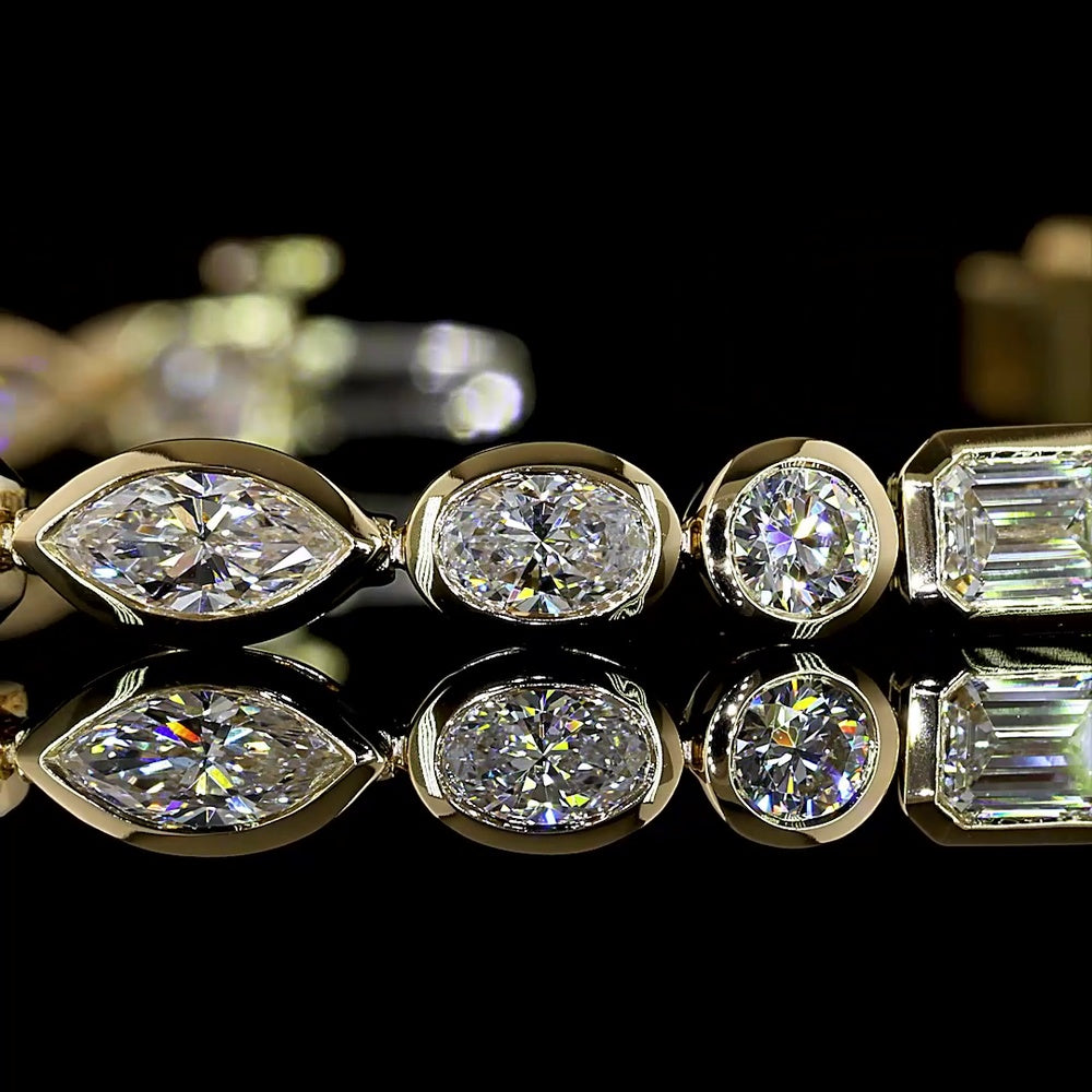 14K Yellow Gold Mixed Shape Tennis Bracelet with Bezel Set Marquise, Emerald, Round, and Oval Lab Diamonds - 6.01 Carat Total Weight - Covaloro Fine Jewelry