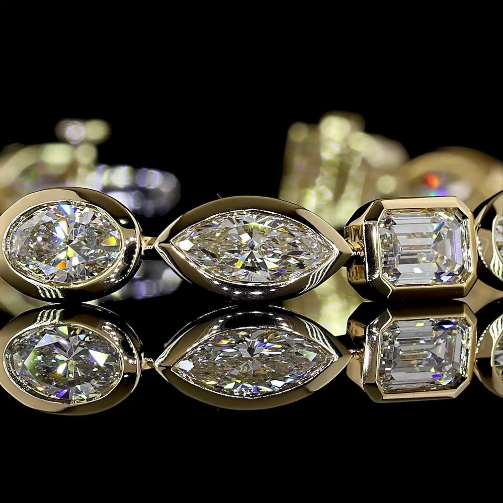 14K Yellow Gold Mixed Shape Tennis Bracelet with Bezel Set Oval, Marquise, and Emerald Cut Lab Diamonds - 11.60 Carats Total Diamond Weight - Covaloro Fine Jewelry