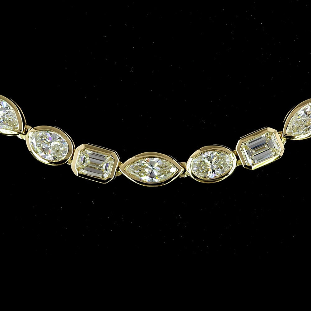 14K Yellow Gold Mixed Shape Tennis Necklace with Bezel Set Emerald, Oval, and Marquise Lab Diamonds - 15.91 Carats Total Diamond Weight - Covaloro Fine Jewelry