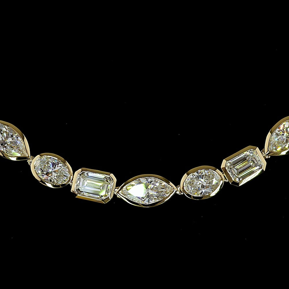 14K Yellow Gold Mixed Shape Tennis Necklace with Bezel-Set Emerald, Oval, and Marquise Natural Diamonds - 17.69 Carat Total Diamond Weight (E-F Color, VS Clarity) - Covaloro Fine Jewelry