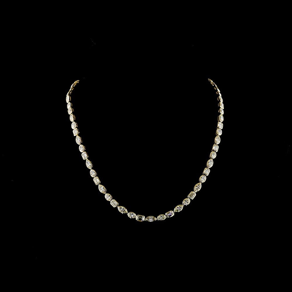 14K Yellow Gold Mixed Shape Tennis Necklace with Bezel Set Marquise, Emerald, and Oval Lab Diamonds - 17.51 Carat Total Weight (E-F Color, VS1 Clarity) - Covaloro Fine Jewelry