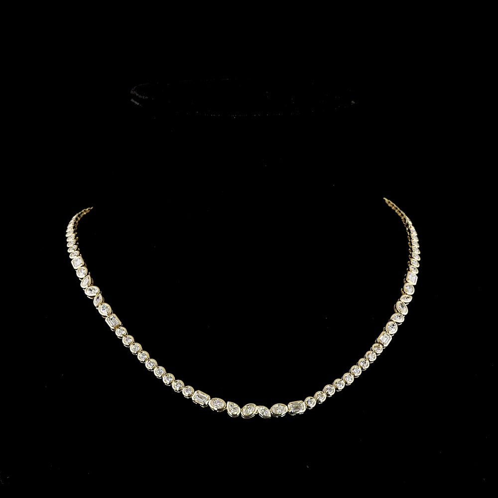 14K Yellow Gold Mixed Shape Tennis Necklace with Brilliant, Pear, and Emerald Cut Lab Diamonds - 9.23 Carats Total Diamond Weight - Covaloro Fine Jewelry