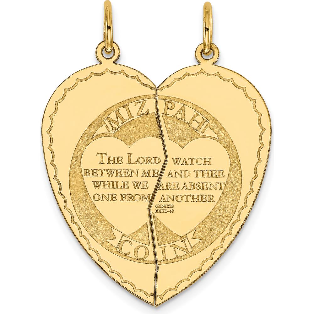 14K Yellow Gold Mizpah 2-Piece Heart Pendant with Engraved Genesis 31:49 Blessing by Oro Pregiato
