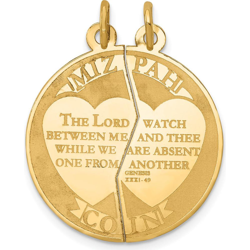 14K Yellow Gold Mizpah Coin Two-Piece Round Charm Pendant with Engraved Genesis 31:49 Script by Oro Pregiato