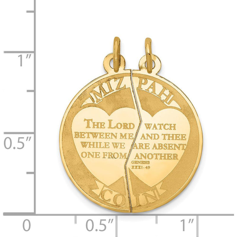 14K Yellow Gold Mizpah Coin Two-Piece Round Charm Pendant with Engraved Genesis 31:49 Script by Oro Pregiato