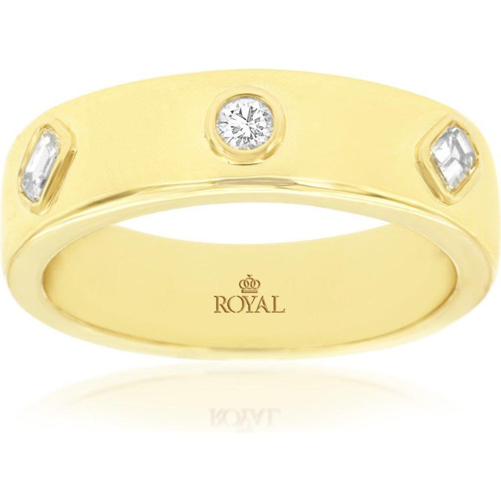 14K Yellow Gold Modern Band with Round Bezel Set Diamond and Rectangular Flush Set Accents - 0.25 Carat Total Diamond Weight - Royal Jewelry