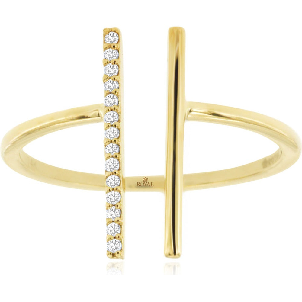 14K Yellow Gold Modern Open Bar Ring with Prong-Set Round Diamonds - 0.05 Carat Total Diamond Weight - Royal Jewelry