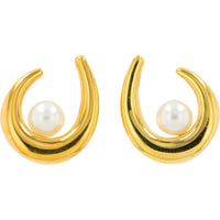14K Yellow Gold Modern Open-Crescent Pearl Earrings - 7.5mm Luminous Pearls