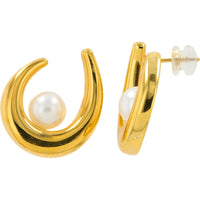 14K Yellow Gold Modern Open-Crescent Pearl Earrings - 7.5mm Luminous Pearls