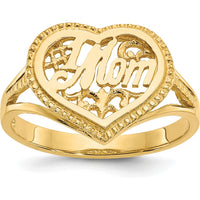 14K Yellow Gold "Mom" Heart Ring with Textured Finish and Domed Design by Oro Pregiato