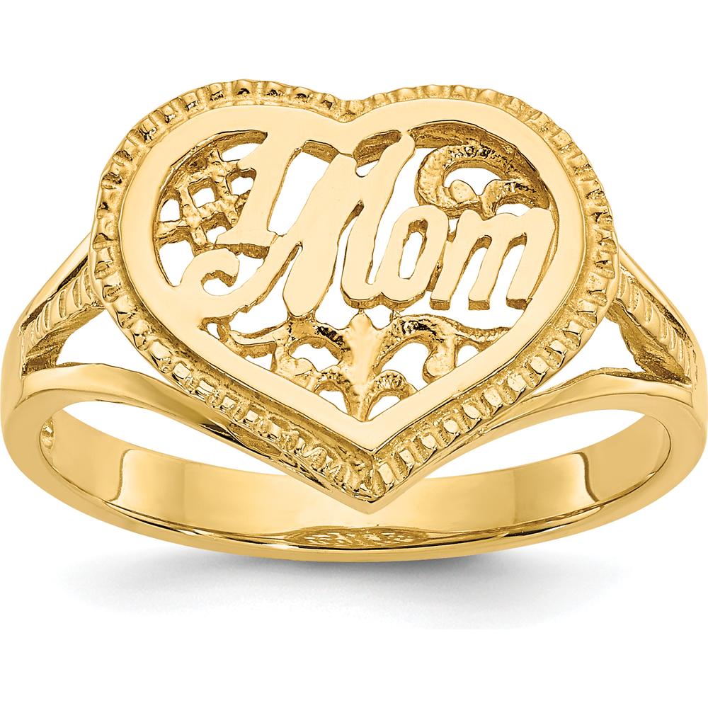 14K Yellow Gold "Mom" Heart Ring with Textured Finish and Domed Design by Oro Pregiato