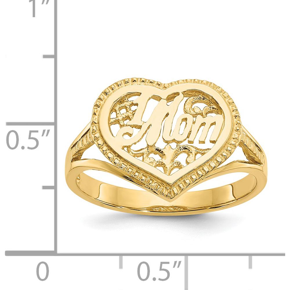 14K Yellow Gold "Mom" Heart Ring with Textured Finish and Domed Design by Oro Pregiato