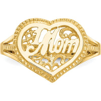 14K Yellow Gold "Mom" Heart Ring with Textured Finish and Domed Design by Oro Pregiato