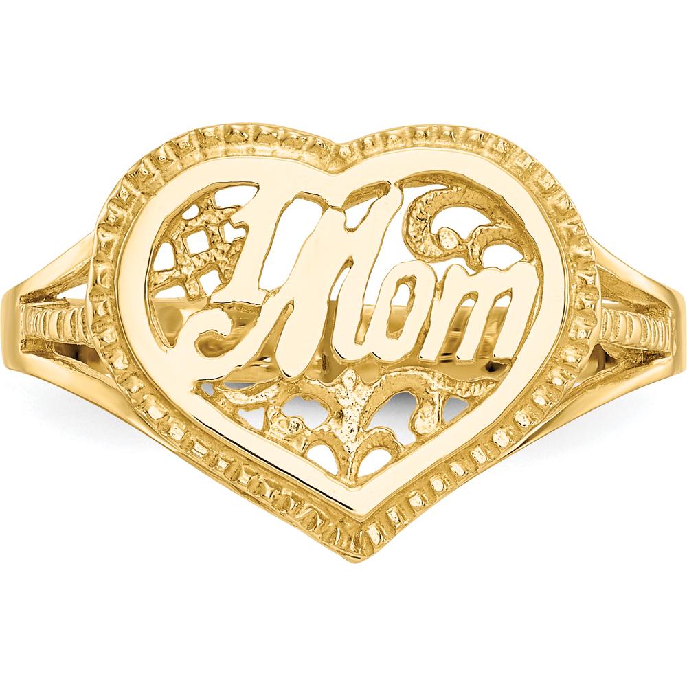 14K Yellow Gold "Mom" Heart Ring with Textured Finish and Domed Design by Oro Pregiato