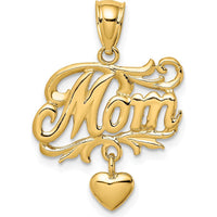 14K Yellow Gold "Mom" Pendant with Dangling Heart Charm by Oro Pregiato