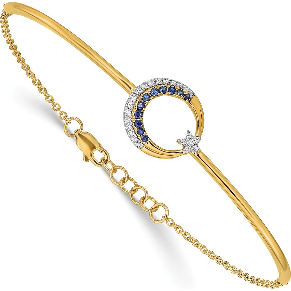 14K Yellow Gold Moon and Star Bangle Bracelet with Sapphire and Diamond Accents - 1/8 Carats Total Gemstone Weight by Monteluci Fine Jewelry