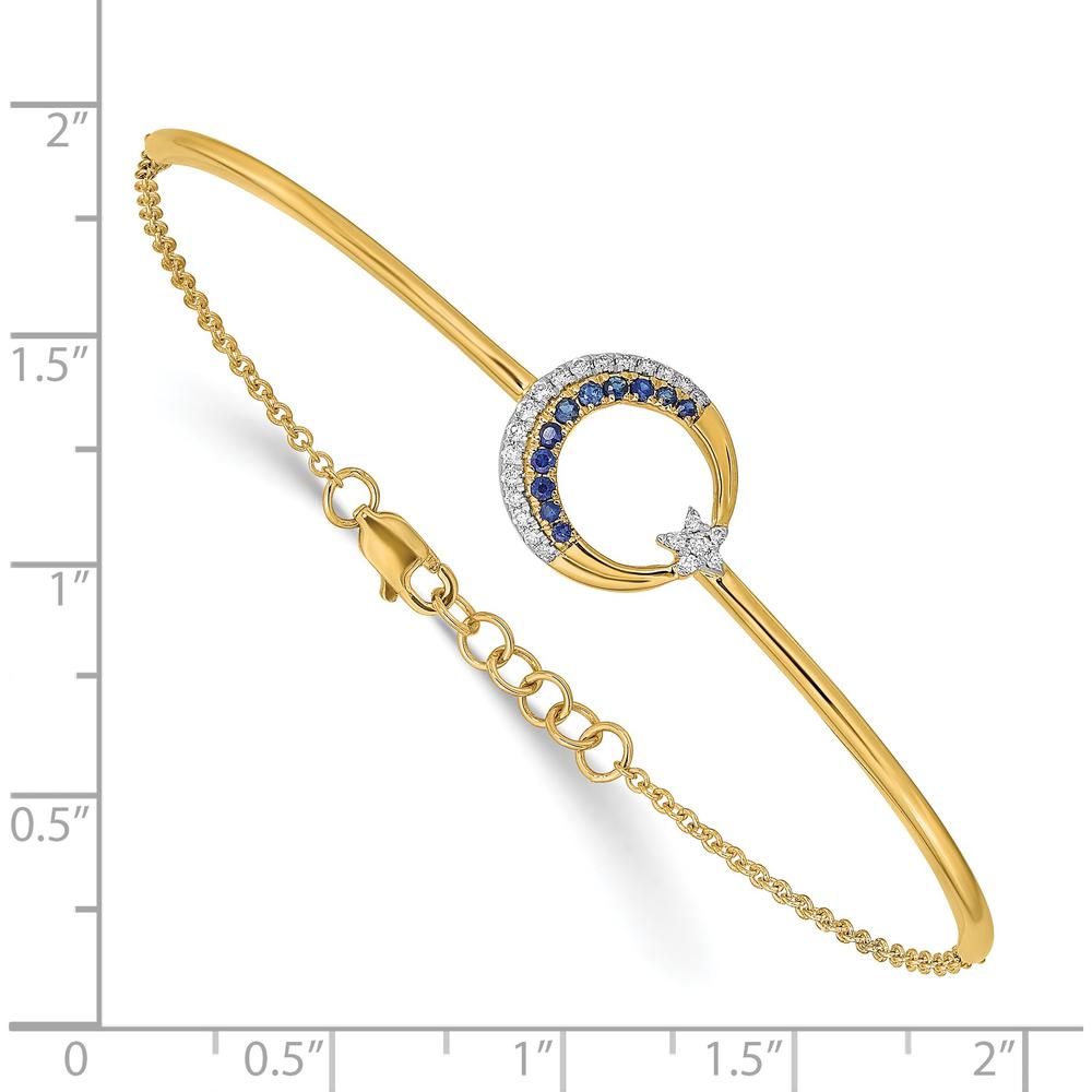14K Yellow Gold Moon and Star Bangle Bracelet with Sapphire and Diamond Accents - 1/8 Carats Total Gemstone Weight by Monteluci Fine Jewelry