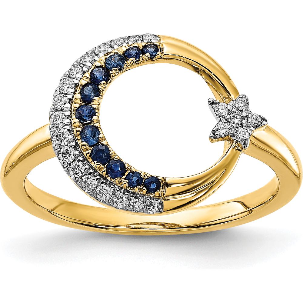 14K Yellow Gold Moon and Star Motif Ring with Round Sapphires and Diamonds - 0.07 Carat Total Gemstone Weight by 0