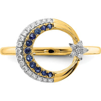14K Yellow Gold Moon and Star Motif Ring with Round Sapphires and Diamonds - 0.07 Carat Total Gemstone Weight by 0