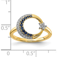 14K Yellow Gold Moon and Star Motif Ring with Round Sapphires and Diamonds - 0.07 Carat Total Gemstone Weight by 0