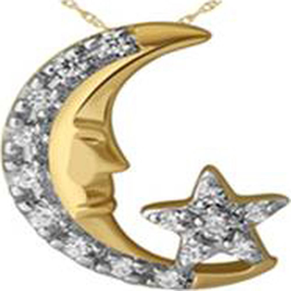 14K Yellow Gold Moon and Star Pendant with 0.05 Carat Pavé Set Round Diamonds – Celestial Fine Jewelry for Her - Royal Jewelry