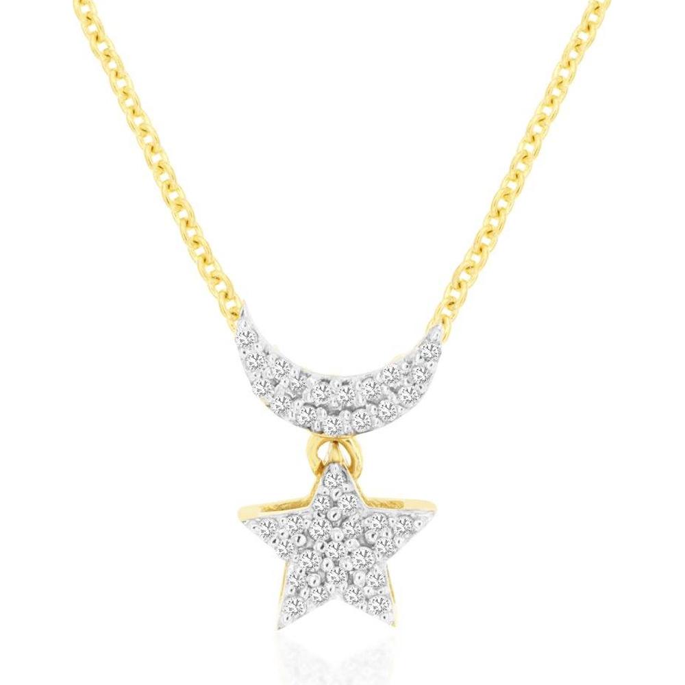 14K Yellow Gold Moon and Star Pendant with Pavé Set Round Diamonds - 0.12 Carat Total Diamond Weight - Royal Jewelry