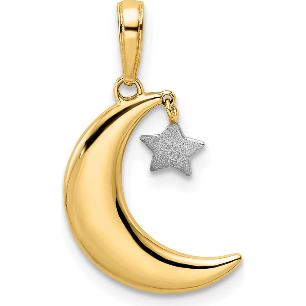 14K Yellow Gold Moon with Dangle Star Pendant with Rhodium Accent - Polished Satin Finish by Oro Pregiato
