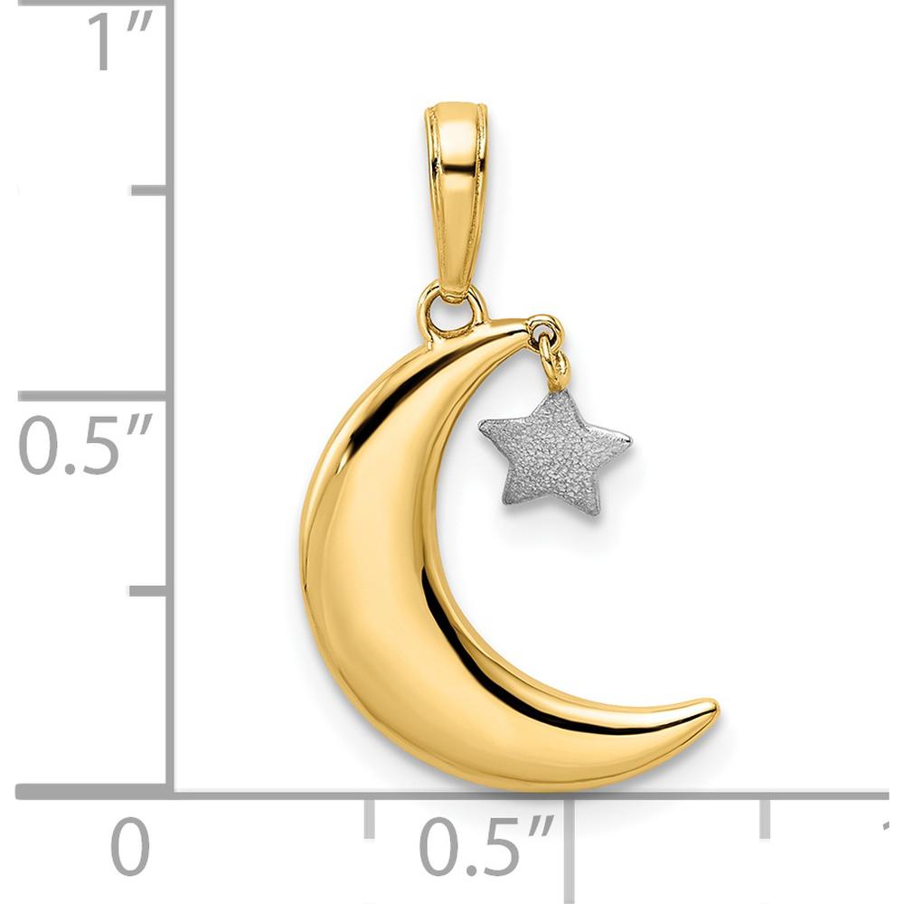 14K Yellow Gold Moon with Dangle Star Pendant with Rhodium Accent - Polished Satin Finish by Oro Pregiato