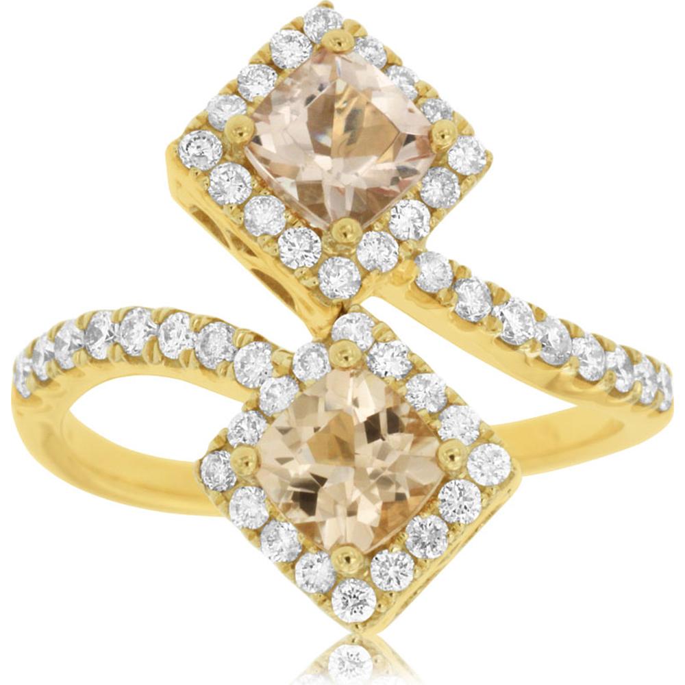 14K Yellow Gold Morganite & Diamond Cushion Cut Ring - 1.54 Carats Total Gem Weight