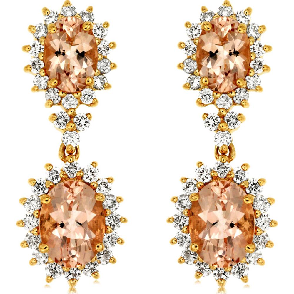 14K Yellow Gold Morganite & Diamond Drop Earrings with Oval Morganite Stones - 4.60 Carats Total Gem Weight