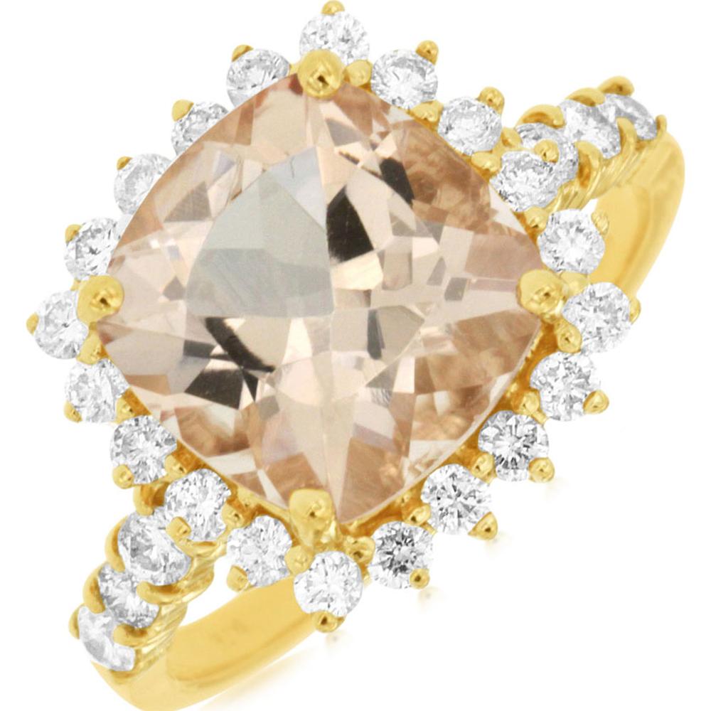 14K Yellow Gold Morganite Cushion Cut Ring with Diamond Halo - 4.35 Carats Total Weight