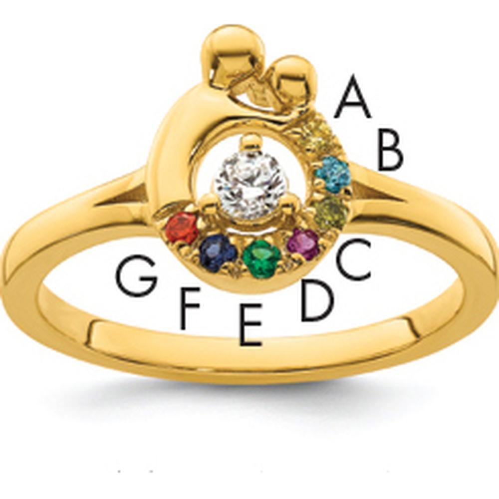 14K Yellow Gold Mother and Child Motif Ring with Round Diamond and Seven Multi-Birthstones by 0
