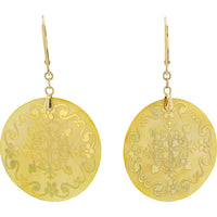 14K Yellow Gold Mother of Pearl Drop Earrings with Floral Engraving - 1.00 Carat Total Gem Weight